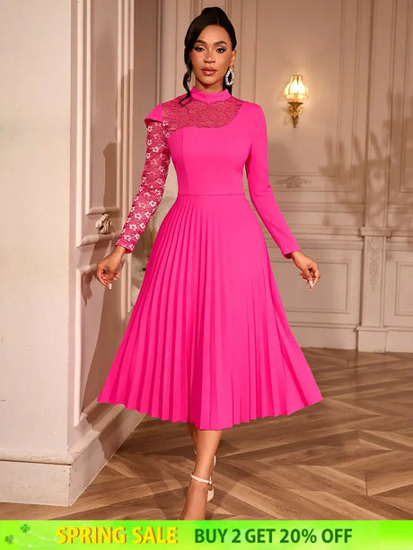 AOMEIDRESS Elegant A Line Pleated Dress Lace Long Sleeves Party Wear Rose / S