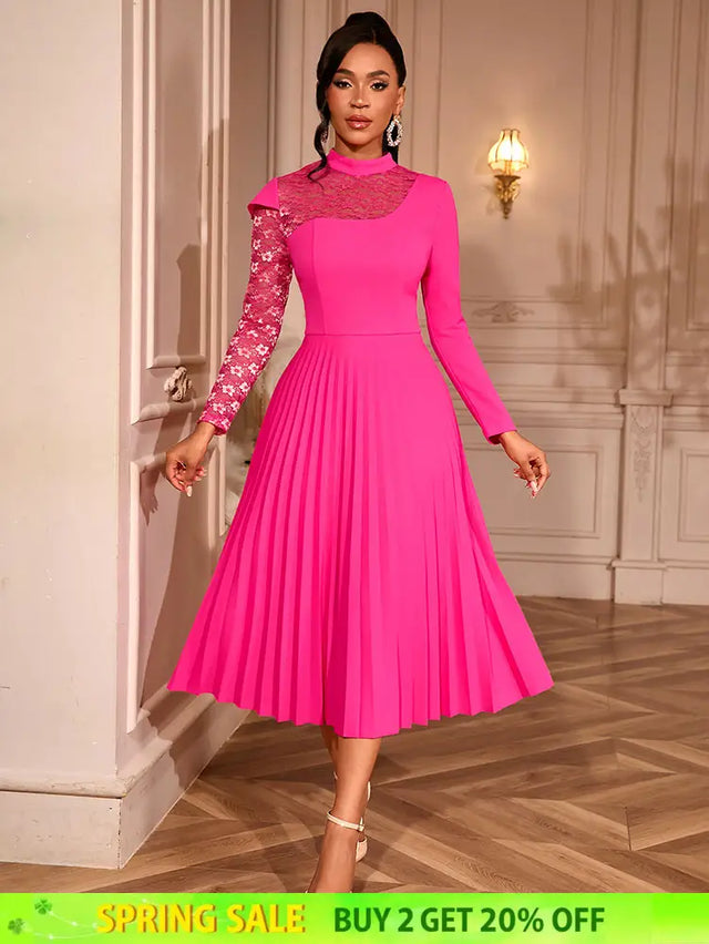 AOMEIDRESS Elegant A Line Pleated Dress Lace Long Sleeves Party Wear Rose / S