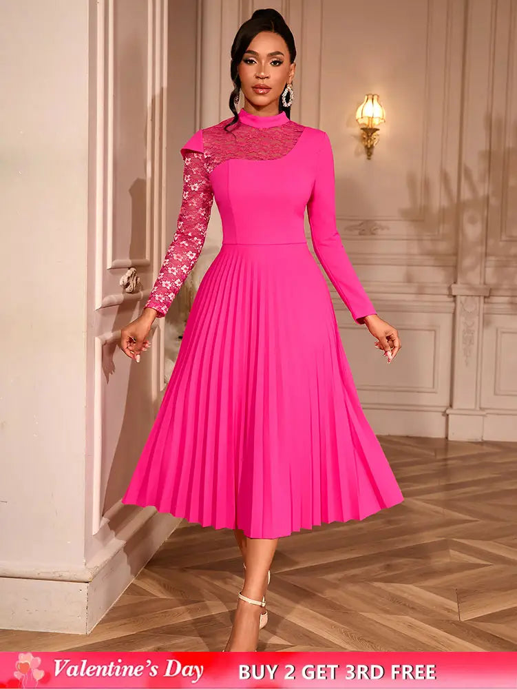 AOMEIDRESS Elegant A Line Pleated Dress Lace Long Sleeves Party Wear Rose / S