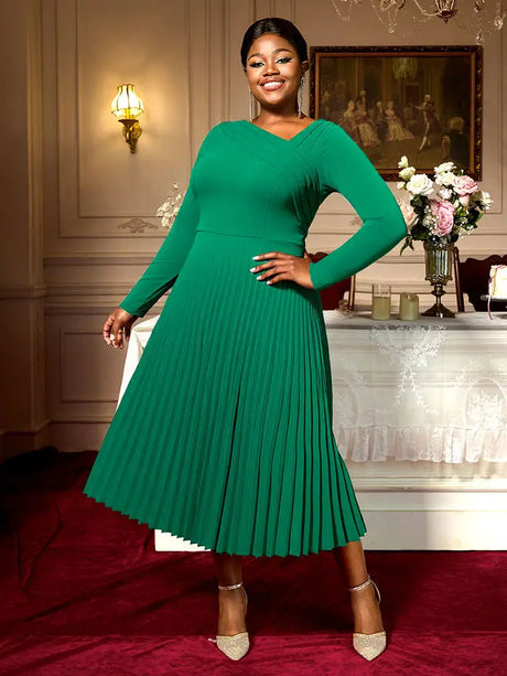 AOMEIDRESS Elegant A Line Pleated Dress Long Sleeve for Church Office