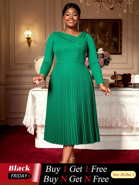 AOMEIDRESS Elegant A Line Pleated Dress Long Sleeve for Church Office Green / L