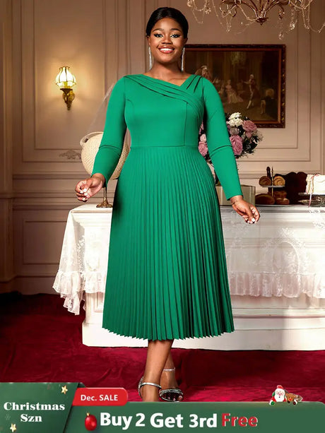 AOMEIDRESS Elegant A Line Pleated Dress Long Sleeve for Church Office Green / L