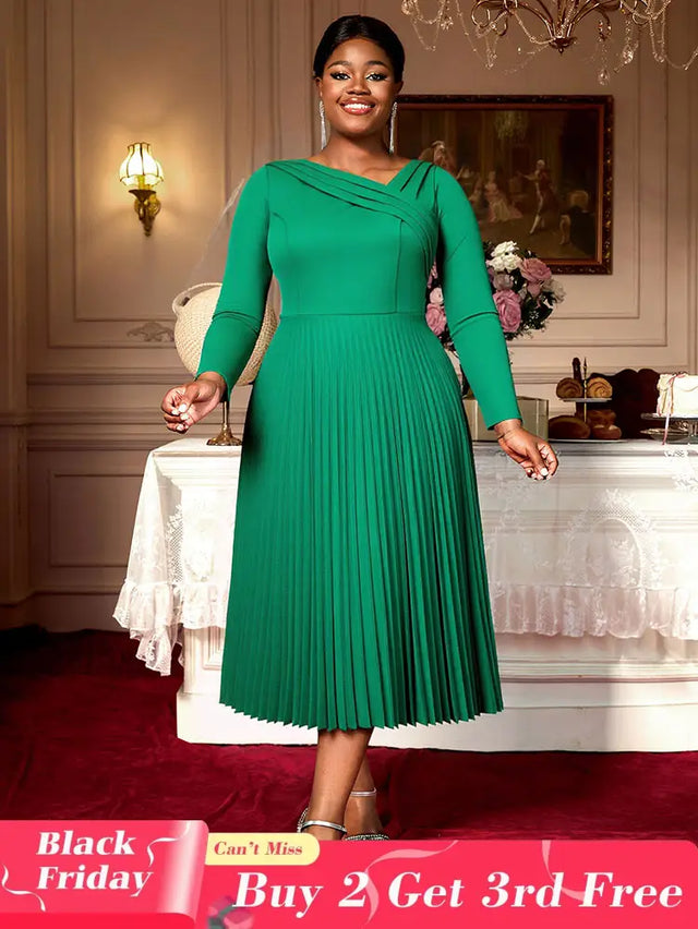 AOMEIDRESS Elegant A Line Pleated Dress Long Sleeve for Church Office Green / L