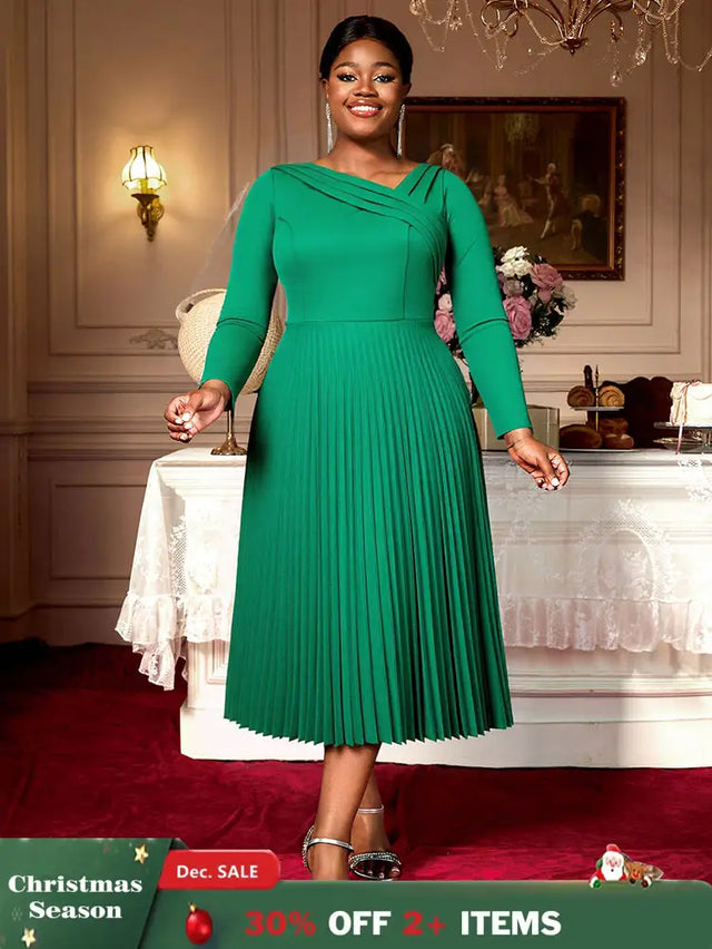 AOMEIDRESS Elegant A Line Pleated Dress Long Sleeve for Church Office Green / L