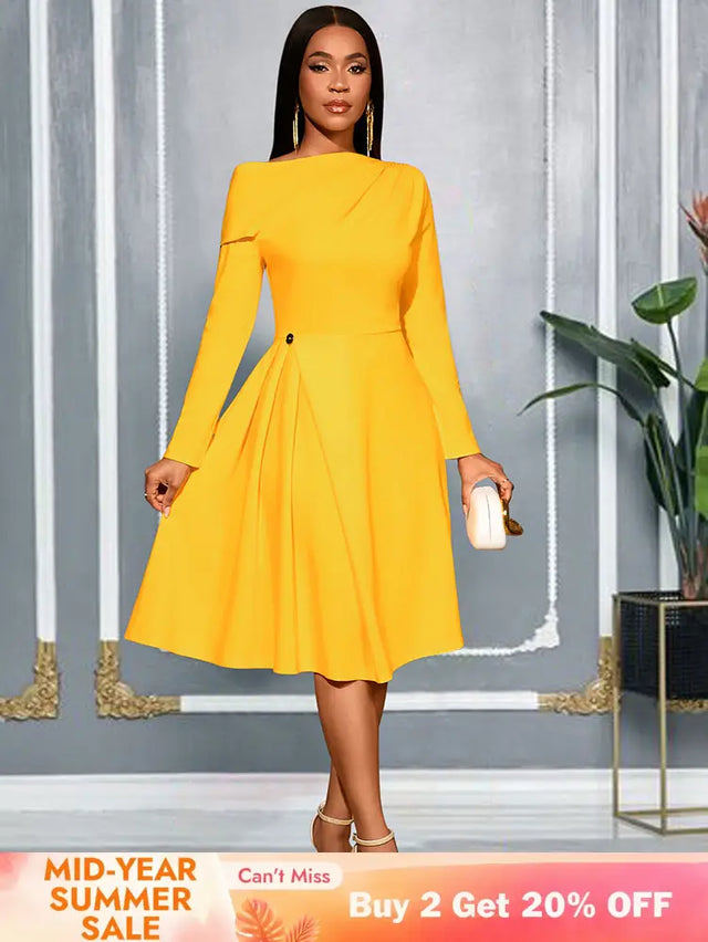AOMEIDRESS Elegant A Line Pleated Dress Slash Neck Folds Party Gowns Yellow / S