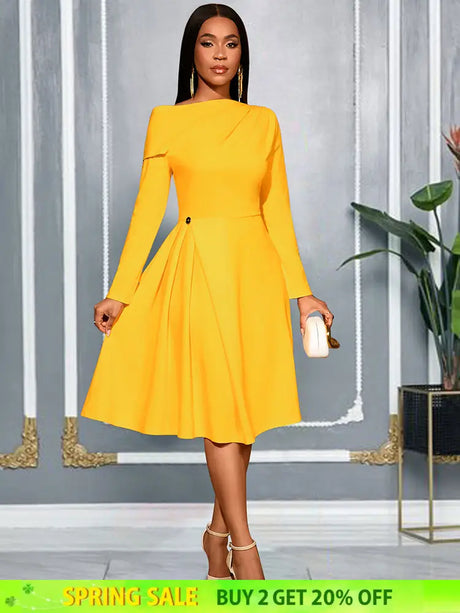 AOMEIDRESS Elegant A Line Pleated Dress Slash Neck Folds Party Gowns Yellow / S