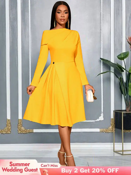AOMEIDRESS Elegant A Line Pleated Dress Slash Neck Folds Party Gowns Yellow / S