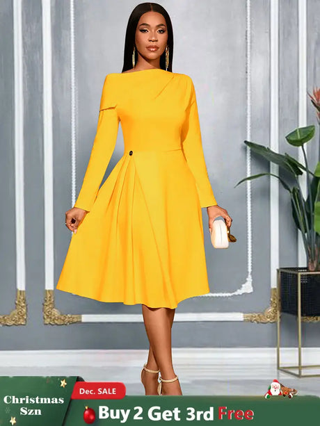 AOMEIDRESS Elegant A Line Pleated Dress Slash Neck Folds Party Gowns Yellow / S