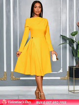 AOMEIDRESS Elegant A Line Pleated Dress Slash Neck Folds Party Gowns Yellow / S