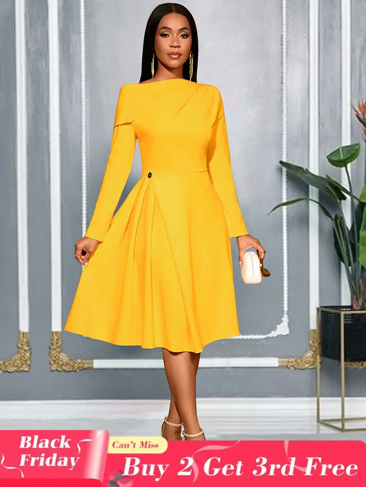 AOMEIDRESS Elegant A Line Pleated Dress Slash Neck Folds Party Gowns Yellow / S