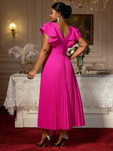 AOMEIDRESS Elegant A Line Pleated Wedding Guests Dress Ruffles V Neck