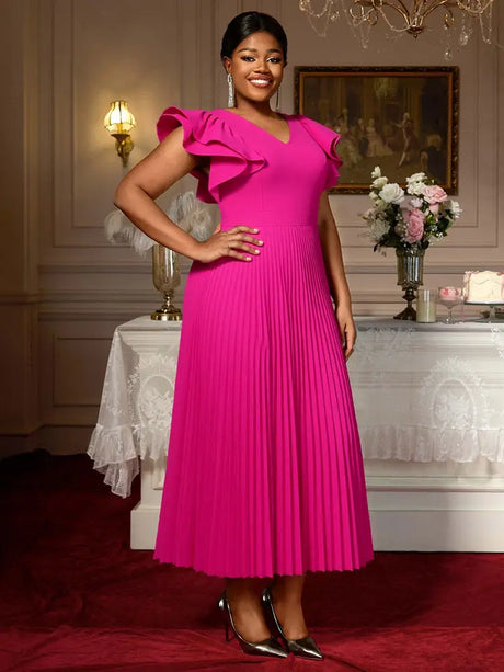 AOMEIDRESS Elegant A Line Pleated Wedding Guests Dress Ruffles V Neck