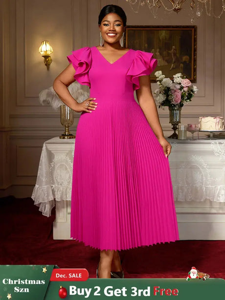 AOMEIDRESS Elegant A Line Pleated Wedding Guests Dress Ruffles V Neck Rose / S