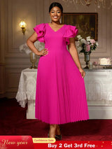 AOMEIDRESS Elegant A Line Pleated Wedding Guests Dress Ruffles V Neck Rose / S