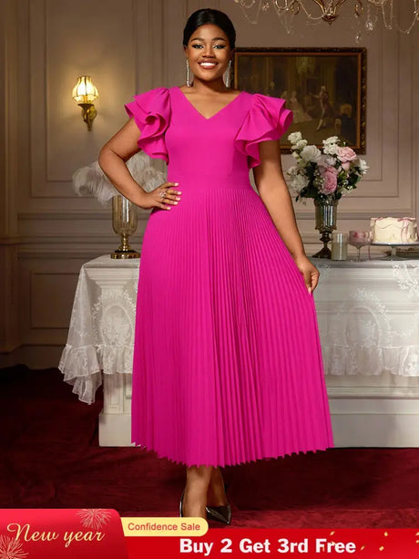 AOMEIDRESS Elegant A Line Pleated Wedding Guests Dress Ruffles V Neck Rose / S