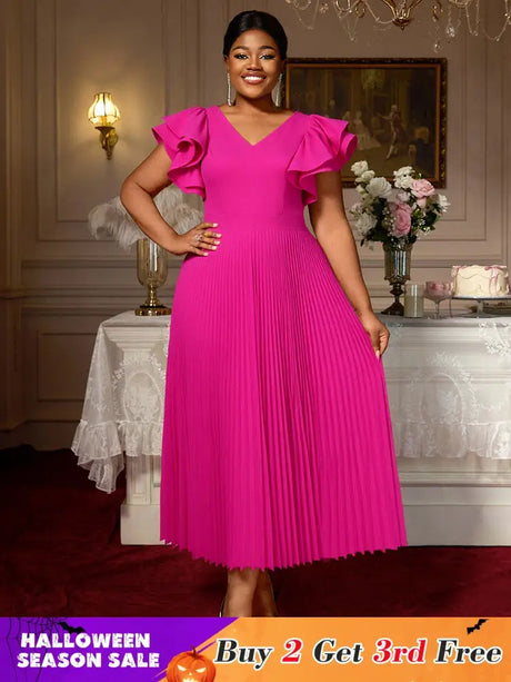 AOMEIDRESS Elegant A Line Pleated Wedding Guests Dress Ruffles V Neck Rose / S