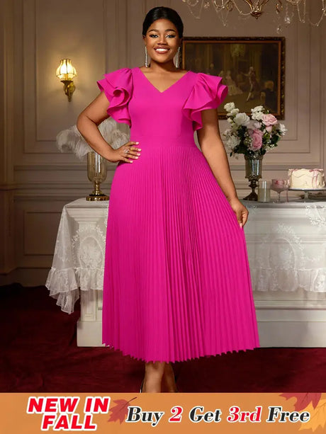 AOMEIDRESS Elegant A Line Pleated Wedding Guests Dress Ruffles V Neck Rose / S