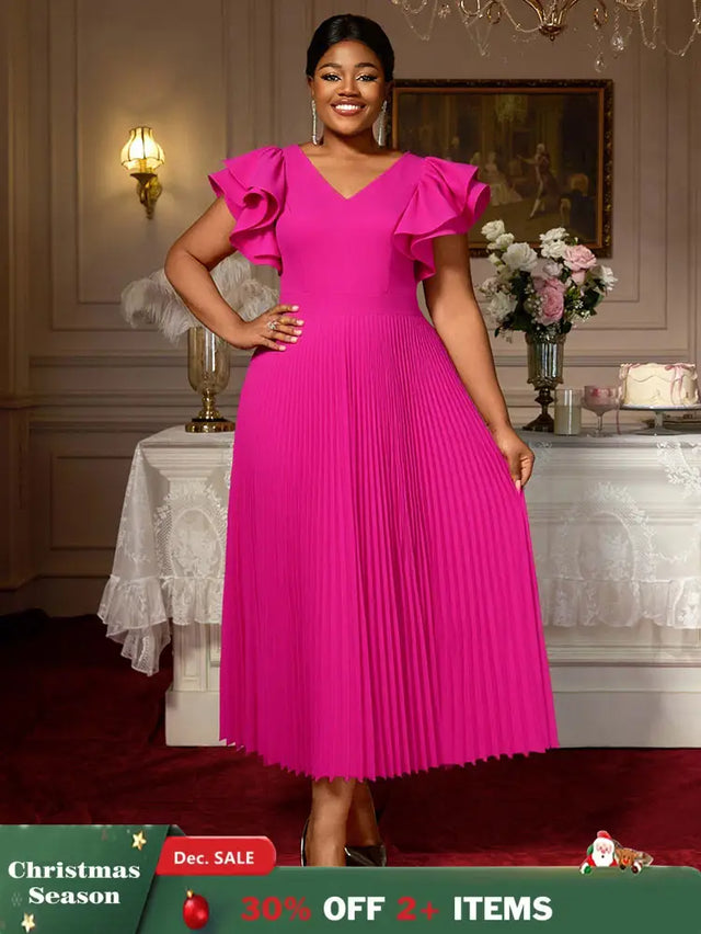 AOMEIDRESS Elegant A Line Pleated Wedding Guests Dress Ruffles V Neck Rose / S