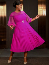 AOMEIDRESS Elegant A Line Pleated Work Dress Sheer Puff Sleeves O Neck