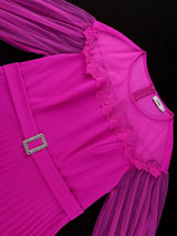 AOMEIDRESS Elegant A Line Pleated Work Dress Sheer Puff Sleeves O Neck