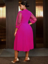 AOMEIDRESS Elegant A Line Pleated Work Dress Sheer Puff Sleeves O Neck