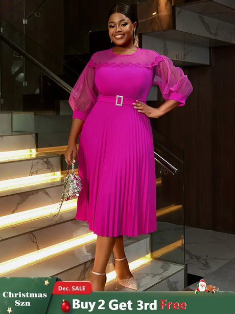 AOMEIDRESS Elegant A Line Pleated Work Dress Sheer Puff Sleeves O Neck Rose / S