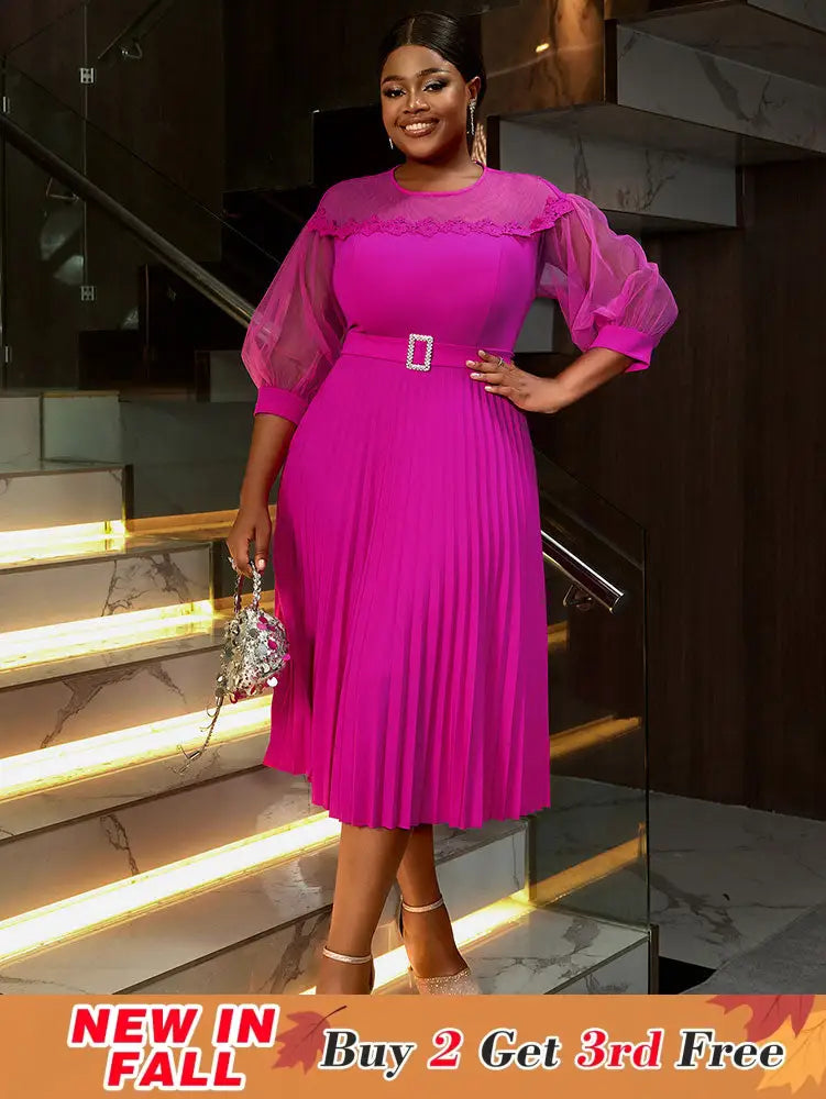 AOMEIDRESS Elegant A Line Pleated Work Dress Sheer Puff Sleeves O Neck Rose / S