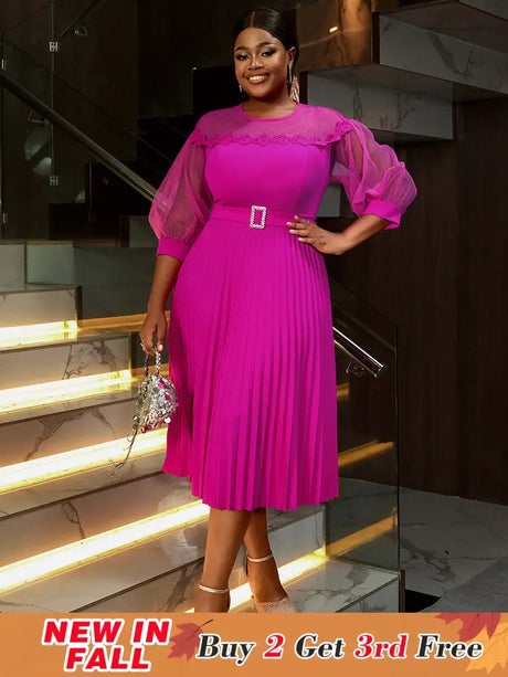 AOMEIDRESS Elegant A Line Pleated Work Dress Sheer Puff Sleeves O Neck Rose / S