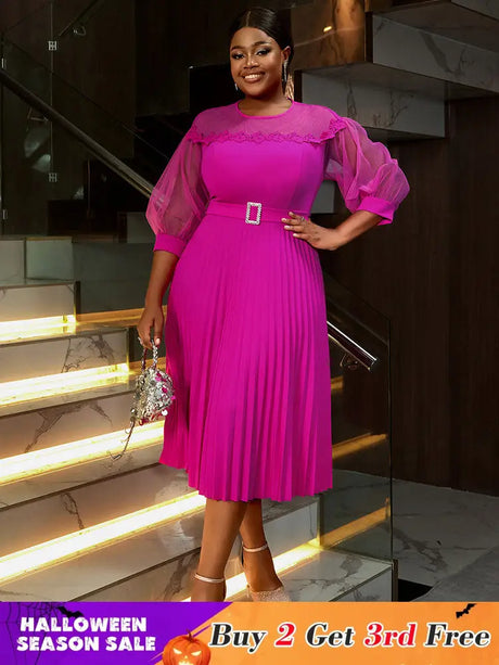 AOMEIDRESS Elegant A Line Pleated Work Dress Sheer Puff Sleeves O Neck Rose / S