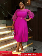 AOMEIDRESS Elegant A Line Pleated Work Dress Sheer Puff Sleeves O Neck Rose / S