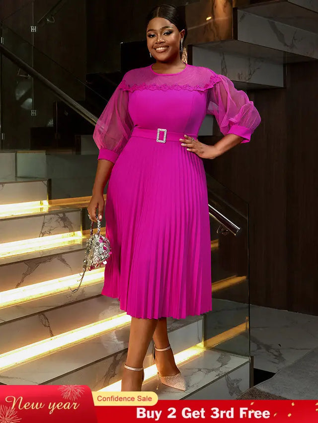 AOMEIDRESS Elegant A Line Pleated Work Dress Sheer Puff Sleeves O Neck Rose / S