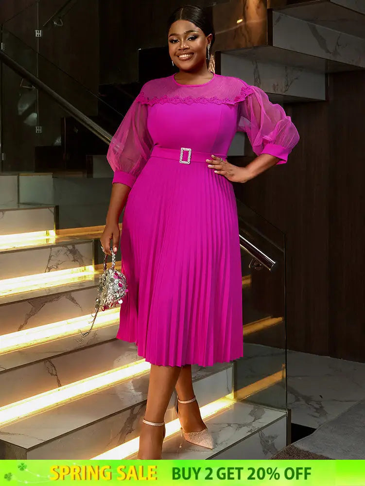 AOMEIDRESS Elegant A Line Pleated Work Dress Sheer Puff Sleeves O Neck Rose / S