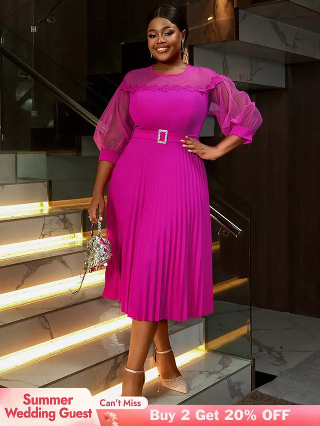 AOMEIDRESS Elegant A Line Pleated Work Dress Sheer Puff Sleeves O Neck Rose / S