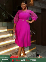 AOMEIDRESS Elegant A Line Pleated Work Dress Sheer Puff Sleeves O Neck Rose / S