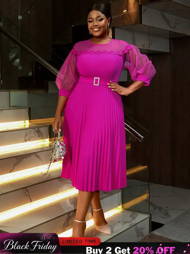 AOMEIDRESS Elegant A Line Pleated Work Dress Sheer Puff Sleeves O Neck Rose / S