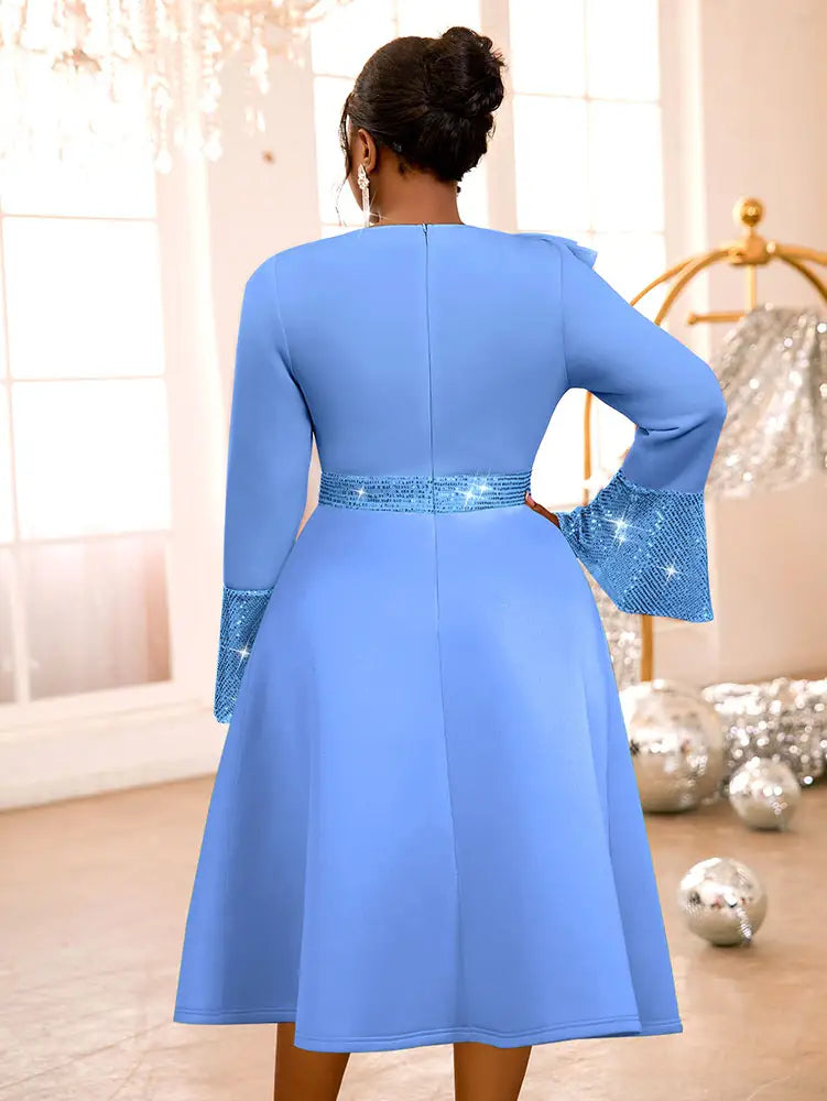AOMEIDRESS Elegant A Line Sequins Ruffle Dress Flare Sleeve for Party