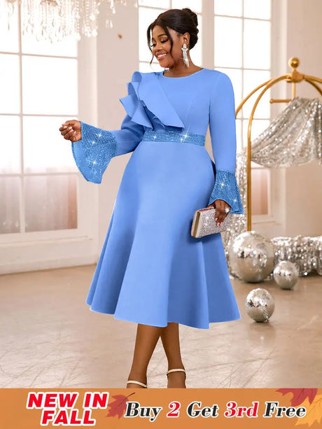 AOMEIDRESS Elegant A Line Sequins Ruffle Dress Flare Sleeve for Party LB / S