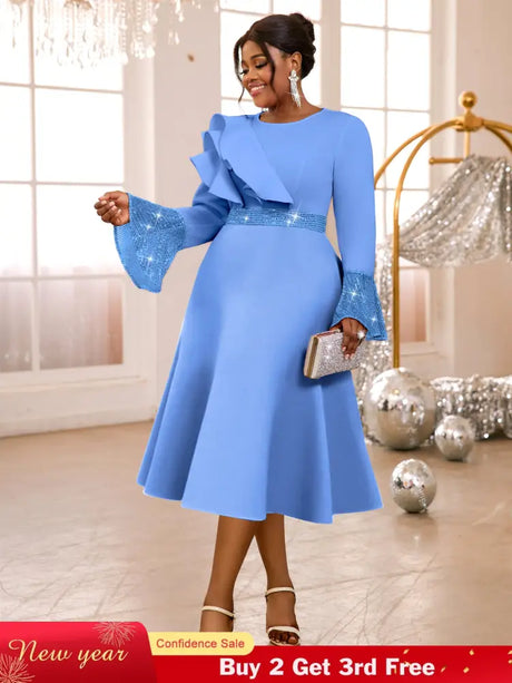AOMEIDRESS Elegant A Line Sequins Ruffle Dress Flare Sleeve For Party LightBlue / S