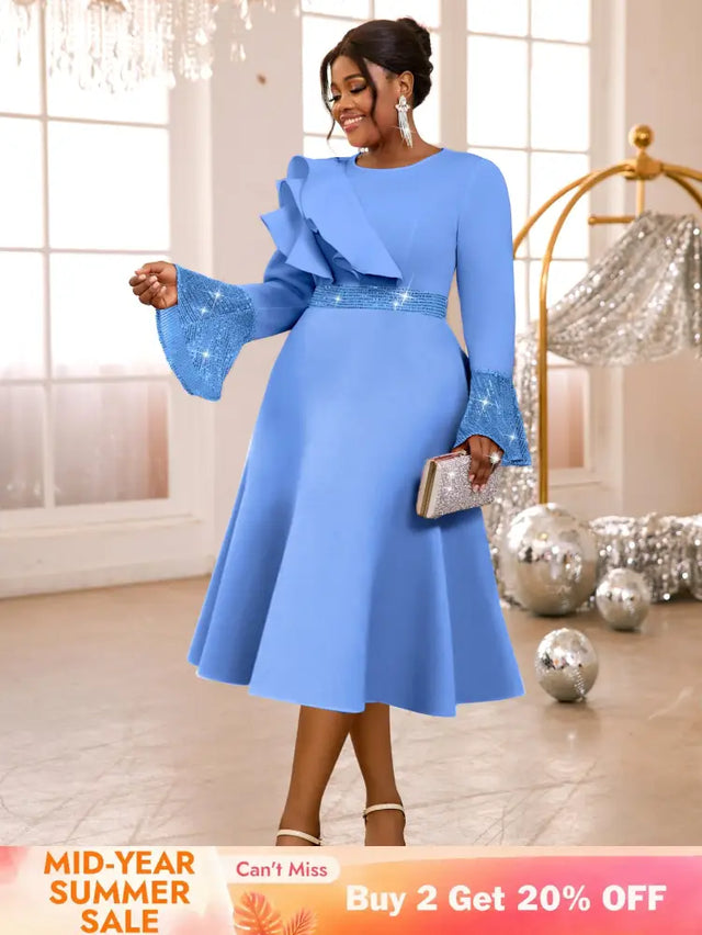 AOMEIDRESS Elegant A Line Sequins Ruffle Dress Flare Sleeve For Party LightBlue / S