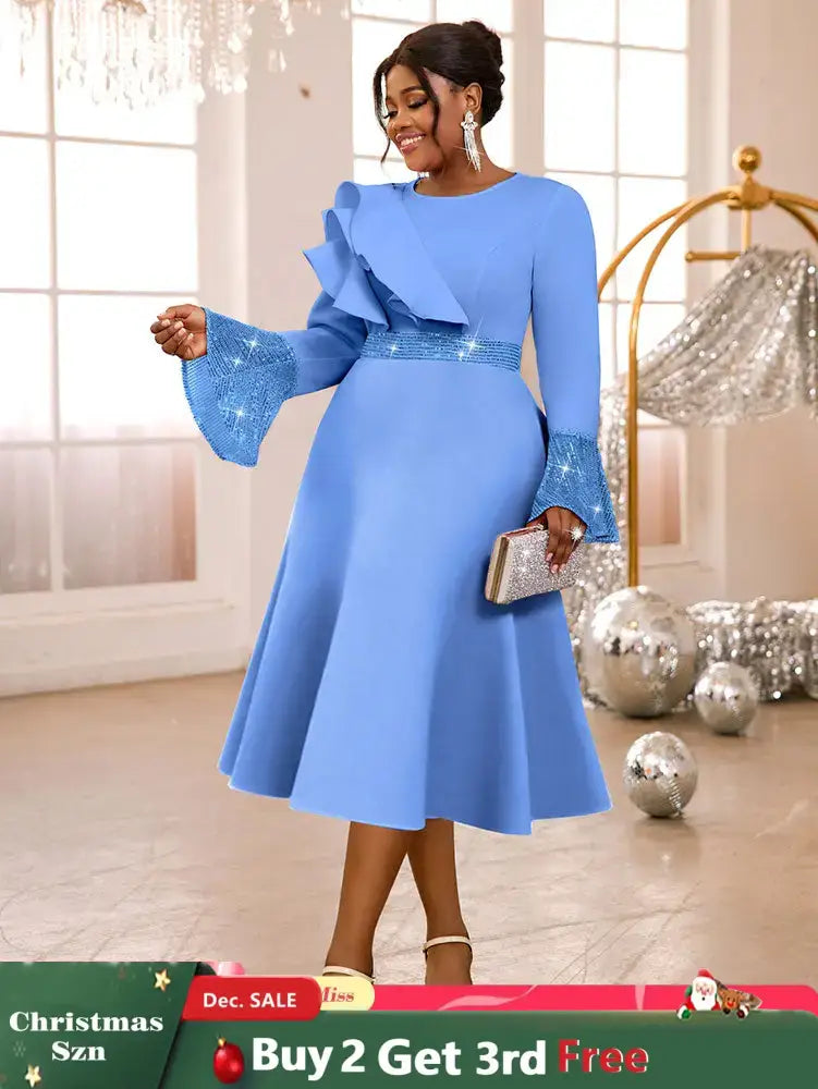 AOMEIDRESS Elegant A Line Sequins Ruffle Dress Flare Sleeve for Party LB / S