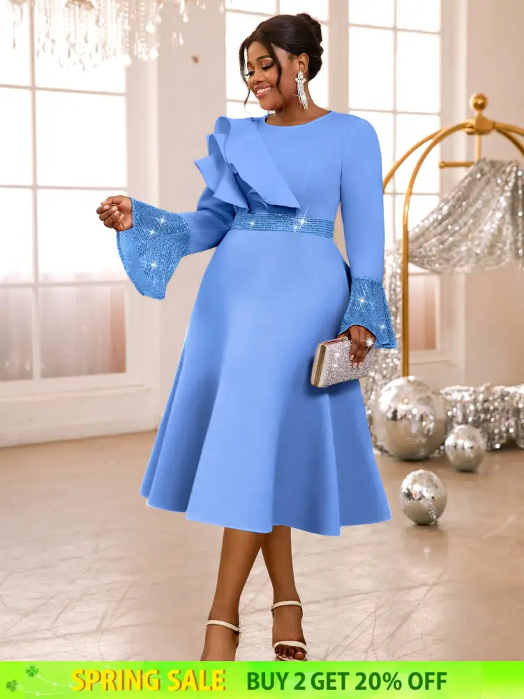 AOMEIDRESS Elegant A Line Sequins Ruffle Dress Flare Sleeve For Party LightBlue / S