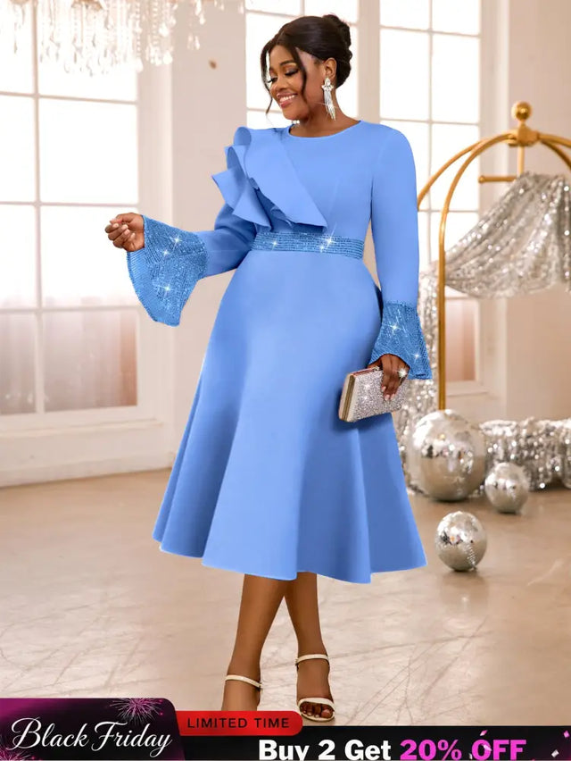 AOMEIDRESS Elegant A Line Sequins Ruffle Dress Flare Sleeve For Party LightBlue / S