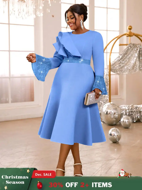 AOMEIDRESS Elegant A Line Sequins Ruffle Dress Flare Sleeve For Party LightBlue / S
