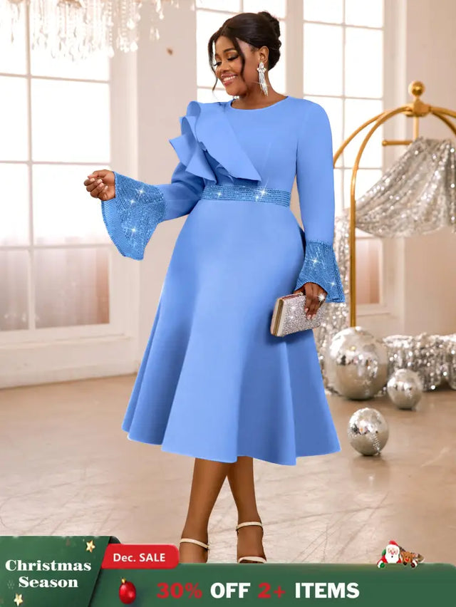 AOMEIDRESS Elegant A Line Sequins Ruffle Dress Flare Sleeve For Party LightBlue / S