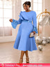 AOMEIDRESS Elegant A Line Sequins Ruffle Dress Flare Sleeve For Party LightBlue / S