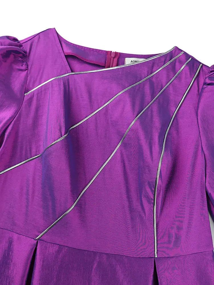 AOMEIDRESS Elegant A Line Shiny Puff Sleeve Dress for Wedding Party