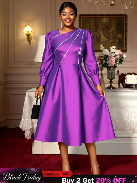 AOMEIDRESS Elegant A Line Shiny Puff Sleeve Dress for Wedding Party Purple / S