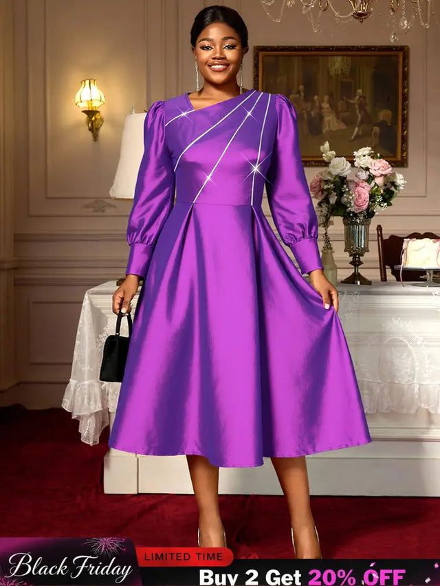 AOMEIDRESS Elegant A Line Shiny Puff Sleeve Dress for Wedding Party Purple / S
