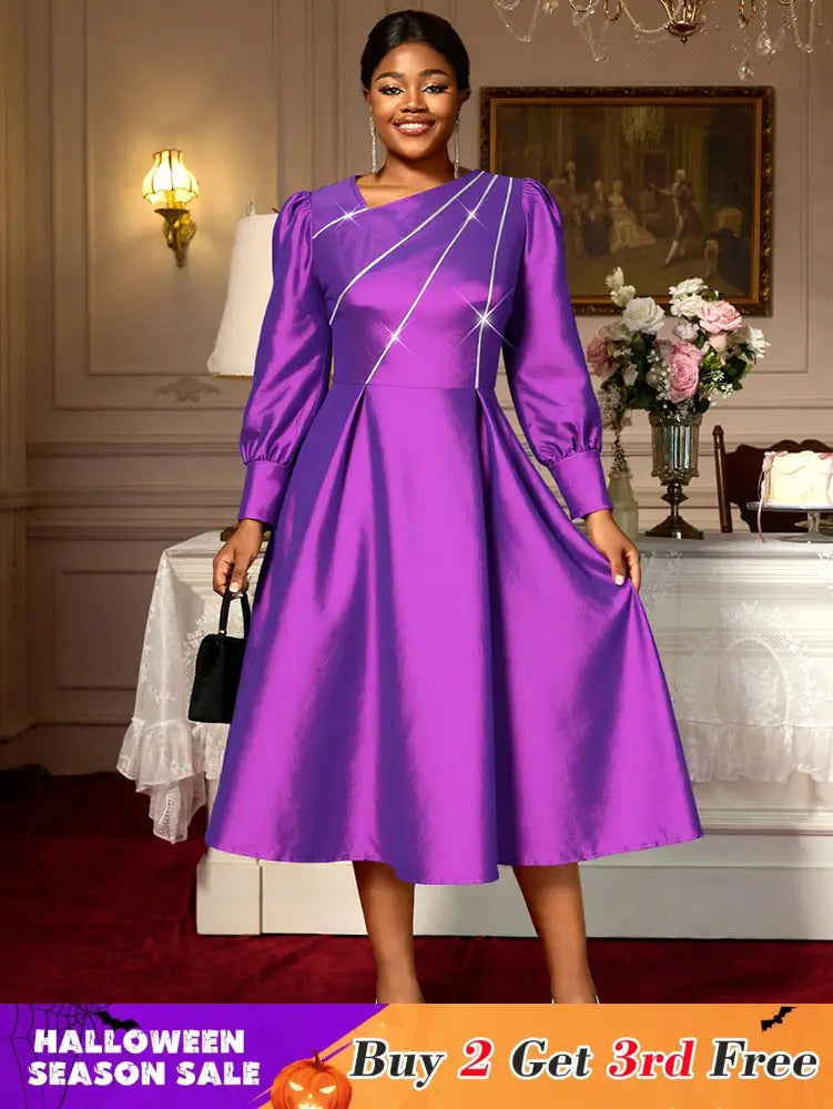 AOMEIDRESS Elegant A Line Shiny Puff Sleeve Dress for Wedding Party Purple / S