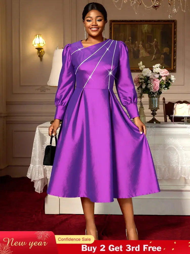 AOMEIDRESS Elegant A Line Shiny Puff Sleeve Dress for Wedding Party Purple / S